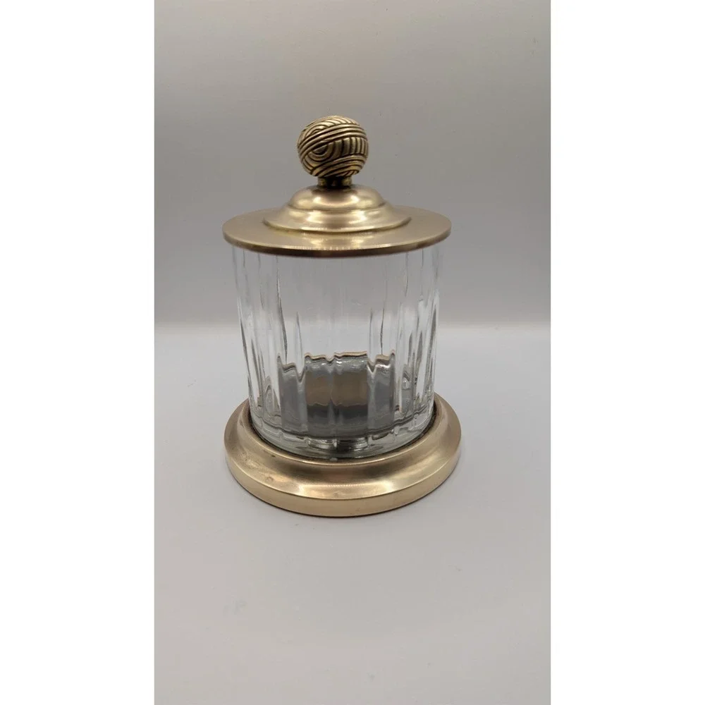 Home Centre Panama Canal Glass Cotton Jar Brass Lid Ribbed Vanity Storage Vanity